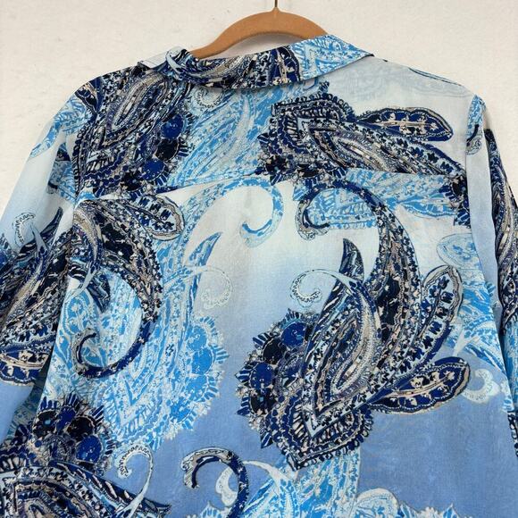Chico's Duster Blouse Size L Blue White Paisley Button Up Semi Sheer Longline - Picture 8 of 12